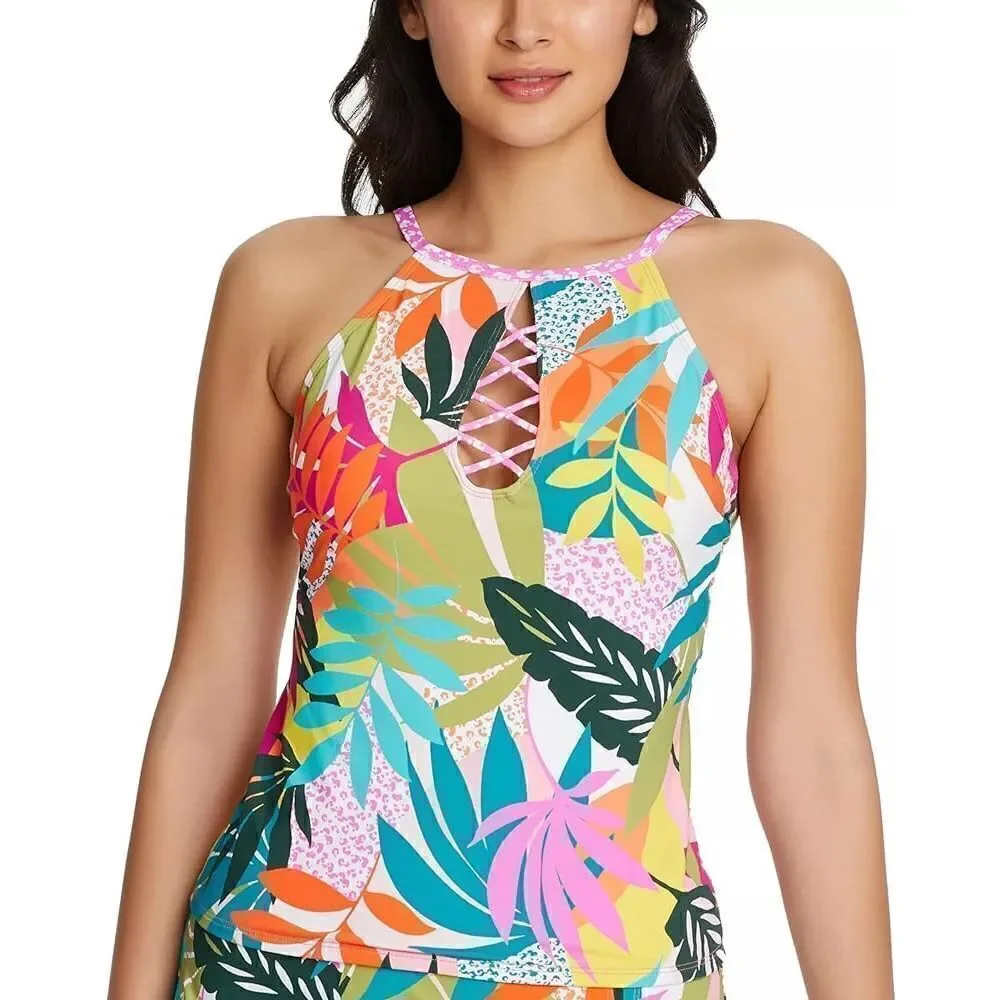 NEW. Bleu Rod Beattie underwire tropical print high neck tankini top. 10. Retail